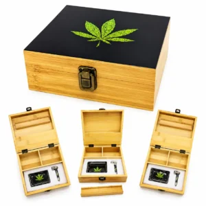Leaf Snuff Wooden Box – Large Tobacco Rolling Box Set with Glass Ashtray & Smoking Pipe
