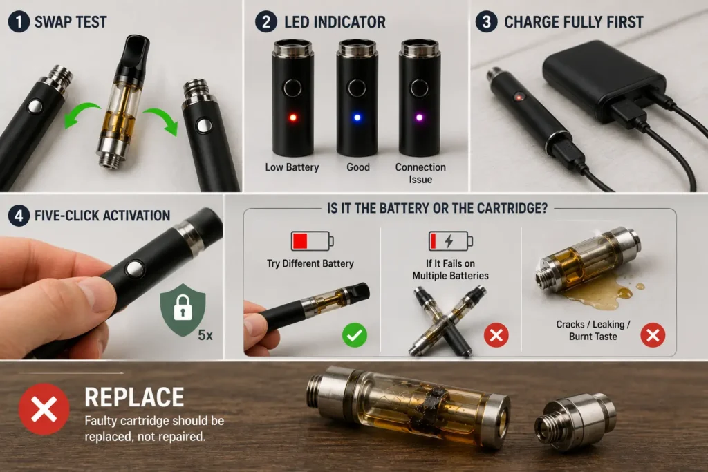 Visual guide showing how to diagnose whether a vape problem is caused by the battery or the cartridge, including battery swap test, LED indicators, charging, five-click activation, and identifying a faulty 510-thread vape cartridge.