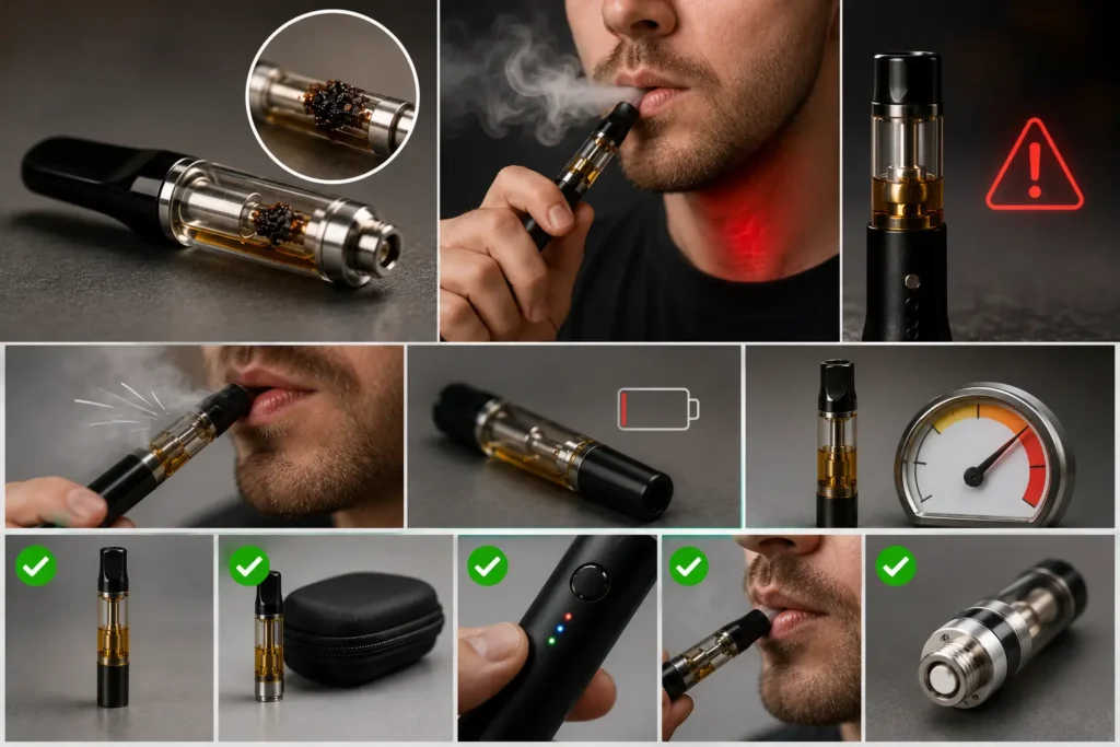 Visual illustrating a burnt vape cartridge coil, dry hit symptoms, and proper vaping techniques to prevent burnt taste in a 510-thread cartridge.