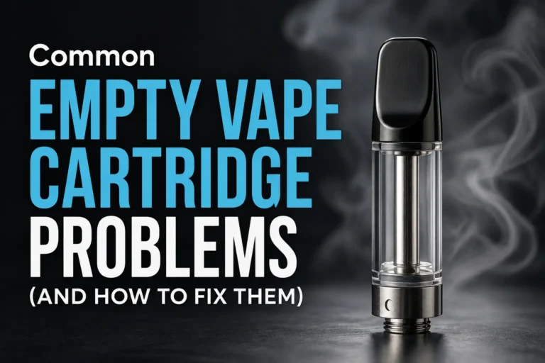 Common empty vape cartridge problems guide showing an empty 510-thread vape cartridge with a dark background for UK vape troubleshooting.