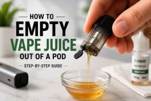 How to empty vape juice out of a pod safely using a refillable vape pod and e liquid container.