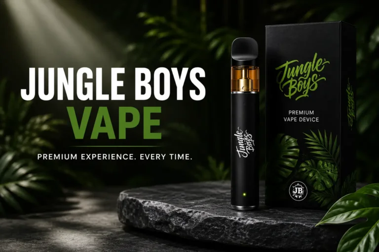 Jungle Boys Vape premium device with retail packaging in a modern dark green lifestyle setting