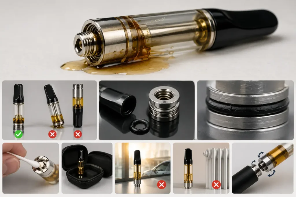 Visual showing an empty vape cartridge leaking e-liquid due to a damaged seal, improper storage, or worn O-ring on a 510-thread cartridge.