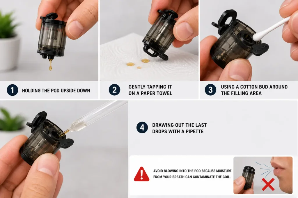 Removing the last drops of e liquid from a refillable vape pod using a pipette, cotton bud and paper towel. Removing the last drops of e liquid from a refillable vape pod using a pipette, cotton bud and paper towel.