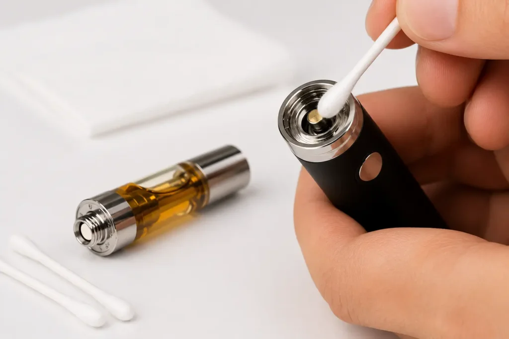 Close-up of cleaning a 510-thread vape battery contact pin and cartridge connection using a cotton bud to remove dust and residue.