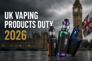 UK Vaping Products Duty 2026 with reusable vape devices and empty vape carts against a London backdrop, highlighting the £2.20 per 10ml tax.