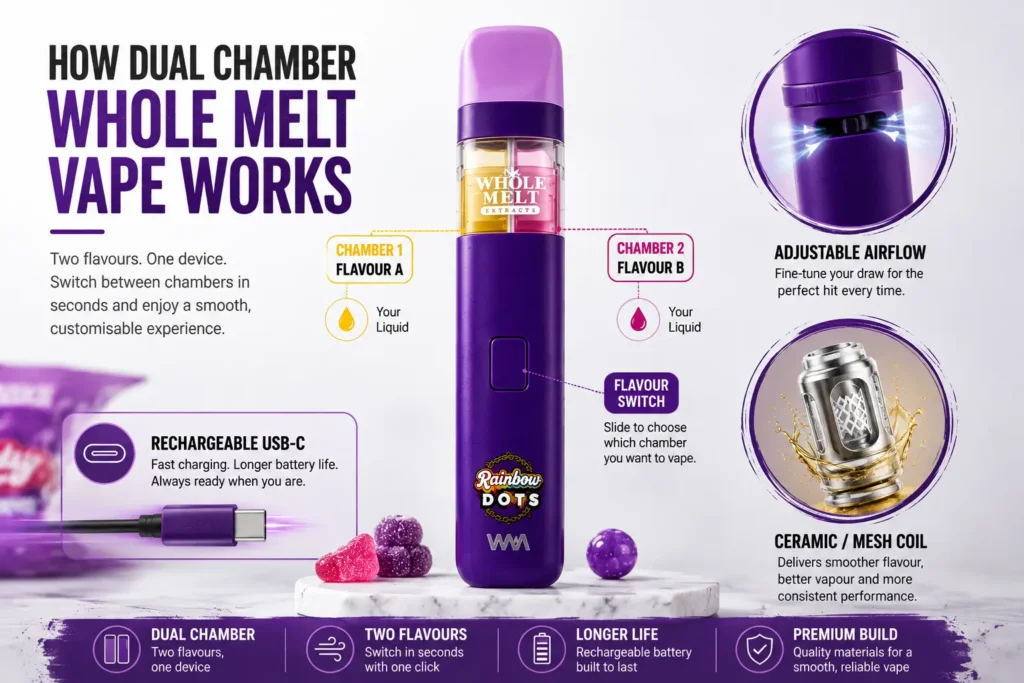 Whole Melt Extracts dual chamber vape with two flavour chambers, adjustable airflow, ceramic/mesh coil, and rechargeable USB-C design.